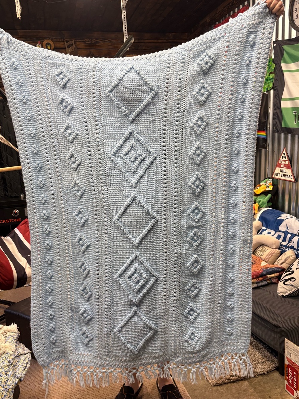 Light Blue Knit Throw Blanket with Diamond Texture - Unbranded